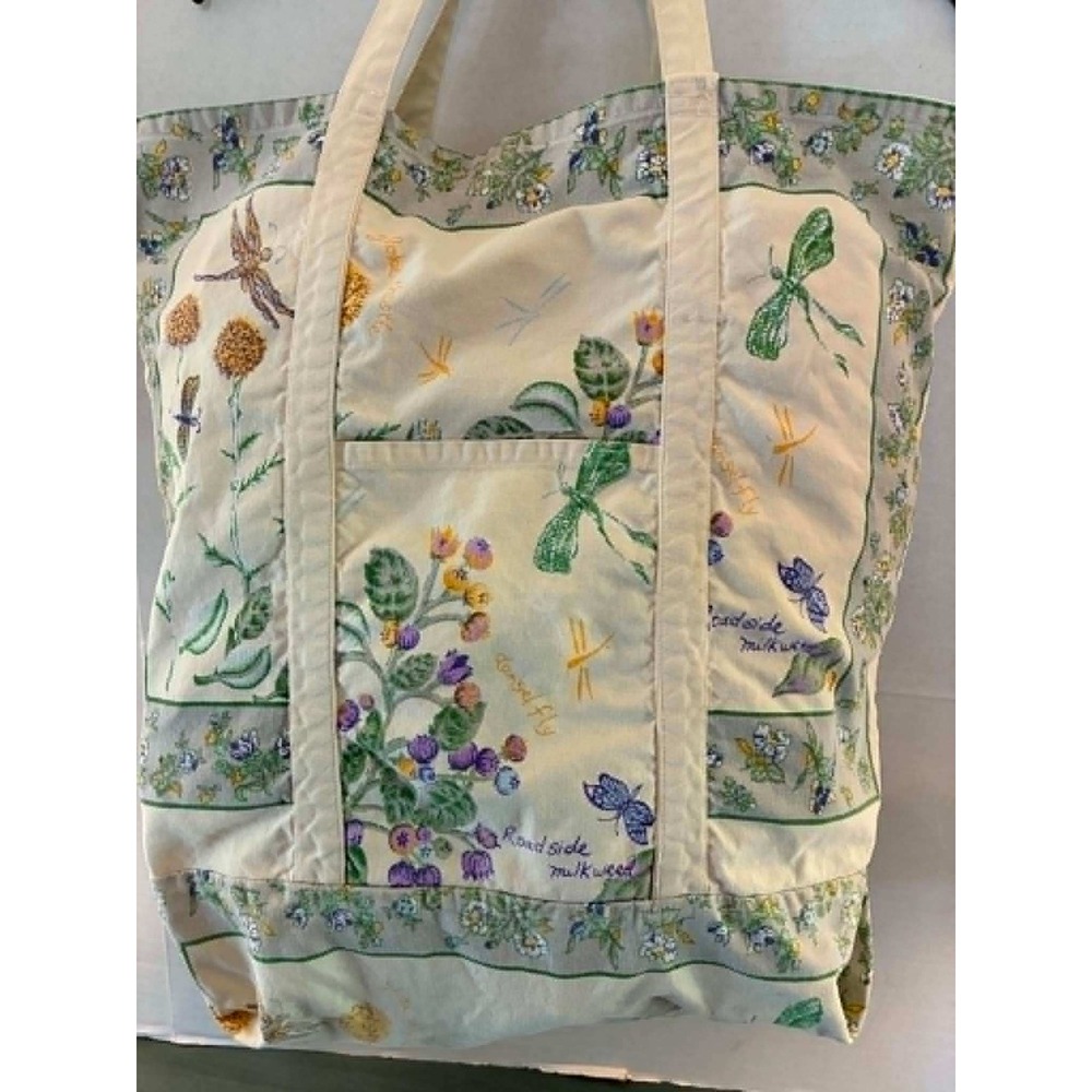 April Cornell Tote Bag Womens OS Cream Floral Dragonfly Roadside Milkweed Canvas - Picture 3 of 11